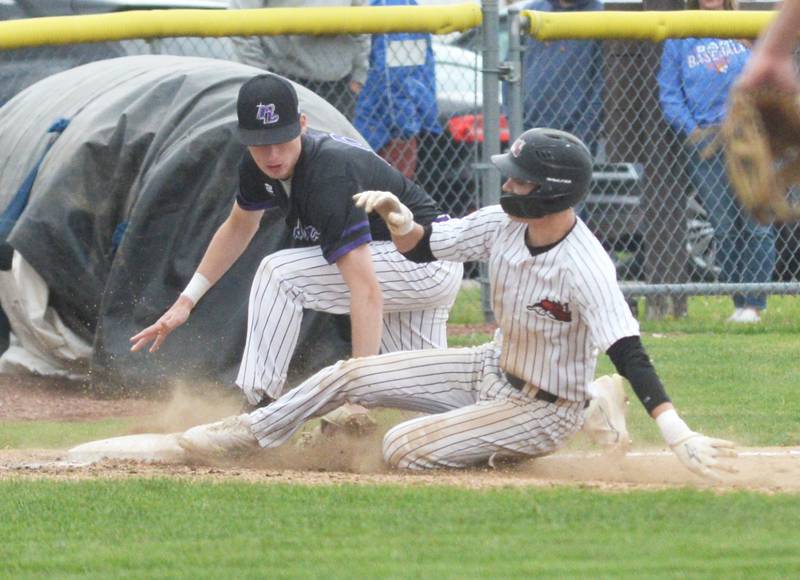 Fulton's Caden Wilkin slides safely into third base ahead of the throw during action against Rockford Lutheran at the 1A Lena-Winslow Sectional on Wednesday, May 28, 2025..