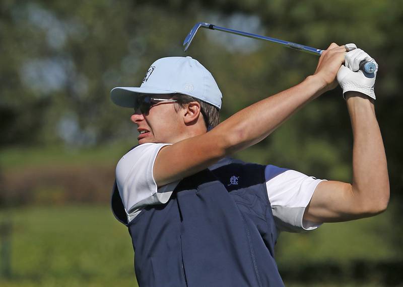Jacobs’ Barrett Rennell watches his tee shot on the ninth hole during the IHSA Class 3A Dundee-Crown Regional golf tournament on Wednesday, Oct. 2, 2024 at Randall Oaks Golf Club in West Dundee.