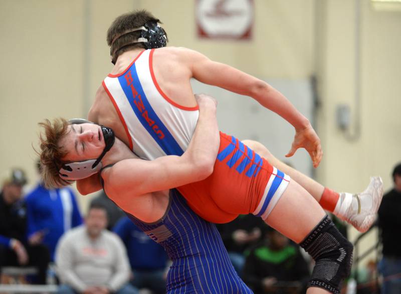 Sterling Newman’s Zhyler Hansen throws Oregon’s Preston LaBay during their 126 match at the 1A Oregon Sectional on Saturday, Feb. 15, 2025.