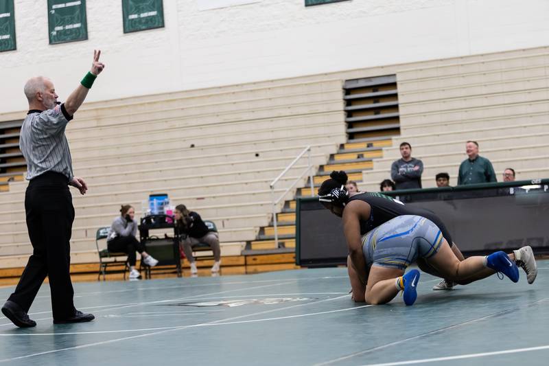 Plainfield Central's Zyon Jordan takes on Valerie Hernandez of Joliet Central in the 235-pound match at Plainfield Central on January 13, 2025.