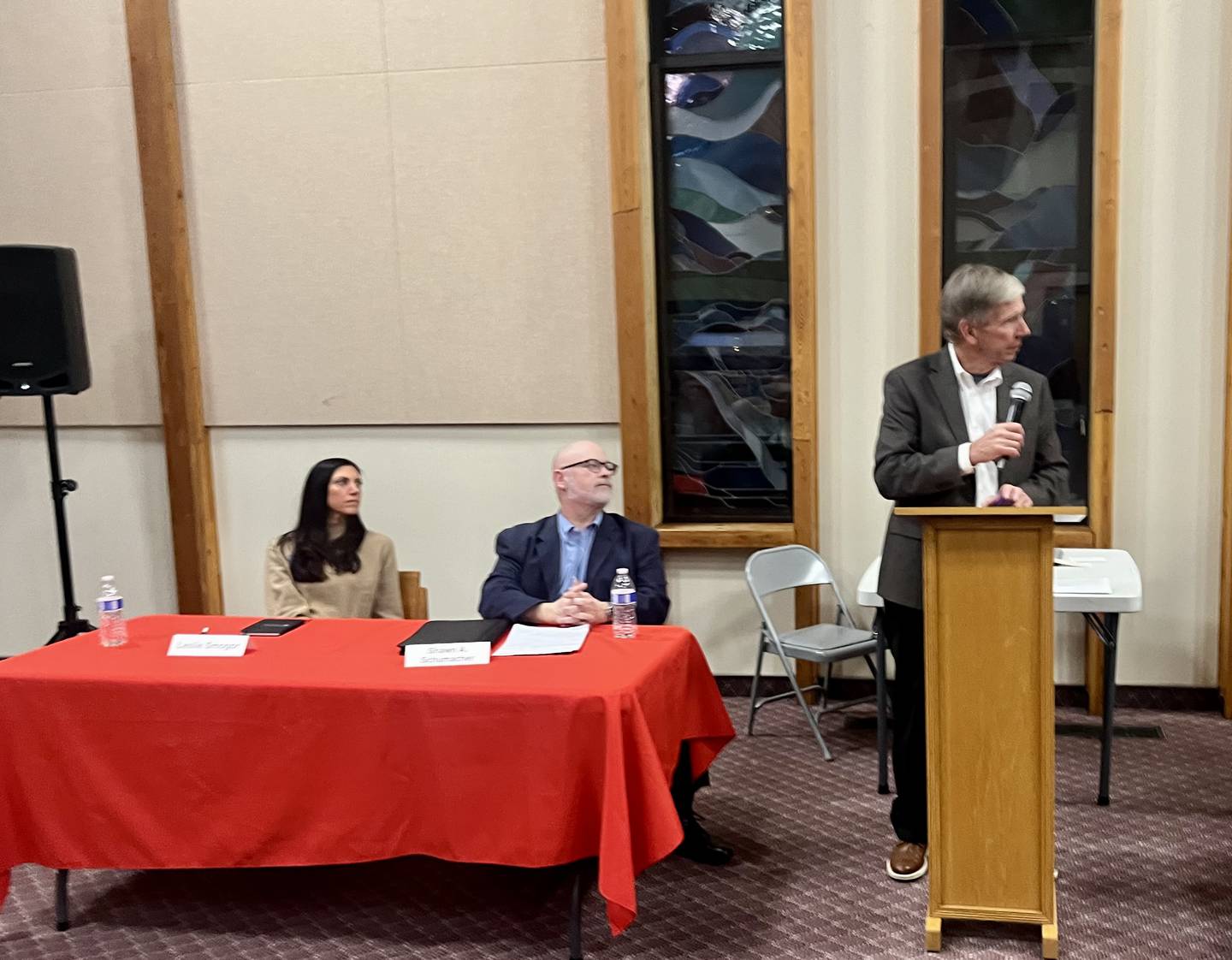 Incumbents Leslie Smogor and Shawn Schumacher are running unopposed for their seats on the Yorkville 115 board. Pictured, the candidates speak at a candidate forum at Congregational United Church of Christ in Yorkville on Feb. 27, 2025.