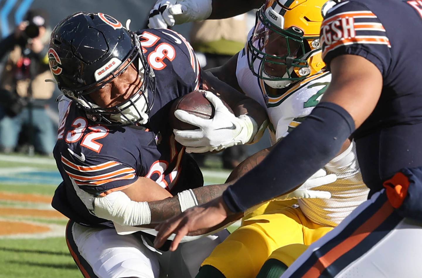 Chicago Bears David Montgomery fights through the Green Bay offensive line for a touchdown during their game Sunday, Dec. 4, 2022, at Soldier Field in Chicago.