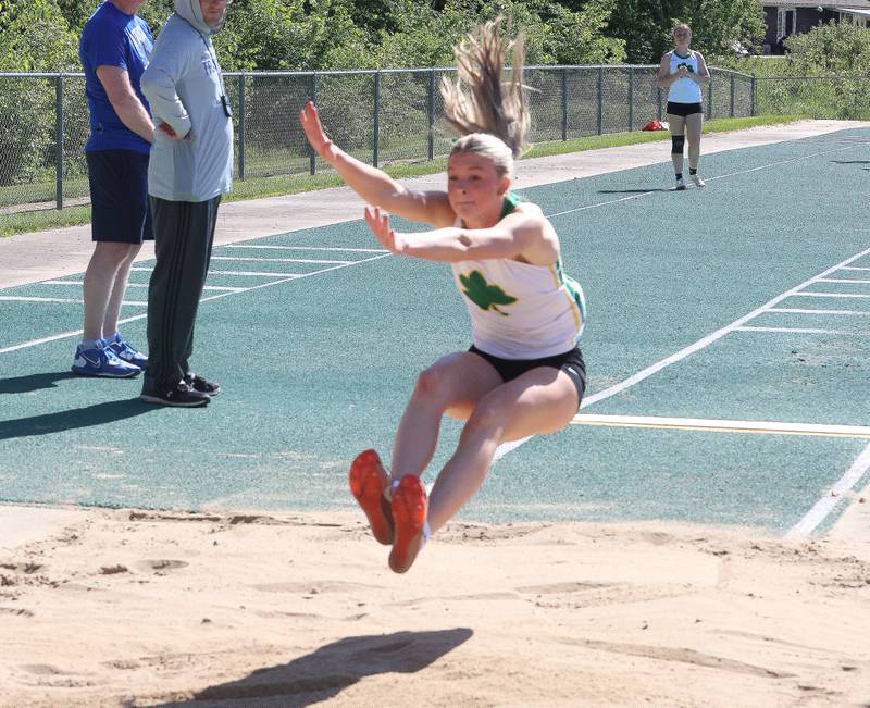 Seneca's Lila Coleman competes in the long jump during the Class 1A Sectional meet on Thursday, May 14, 2026 at Seneca High School.