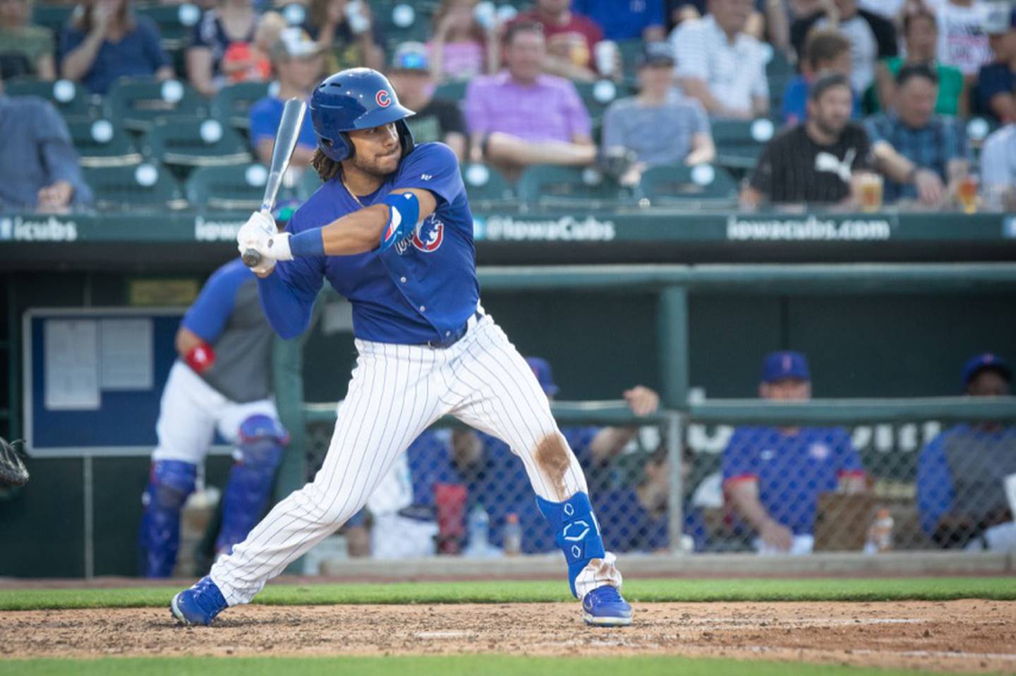 Michael Hermosillo of the Iowa Cubs bats against the Columbus Clippers during a Minor League Baseball Triple-A East game at Principal Park on Tuesday, June 8, 2021 in Des Moines, Iowa. Photo courtesy of the Iowa Cubs