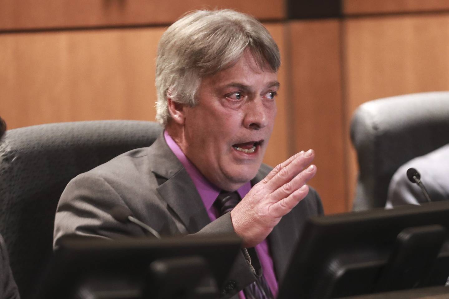 Councilman Larry Hug voices his frustration at tabling a vote on liquor licenses on Tuesday, May 18, 2021, at Joliet City Hall in Joliet, Ill. The Joliet City Council discussed an amendment to allow for liquor consumption and video gambling at gas stations.