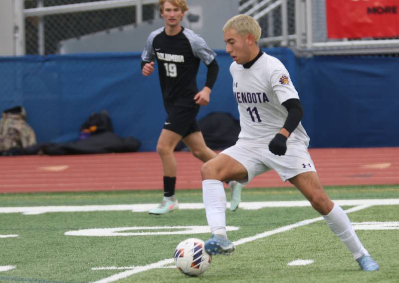 Mendota's Cesar Casas kicks the ball down the field during the Class 1A State title game on Saturday, Nov. 8, 2025 at Hoffman Estates High School.