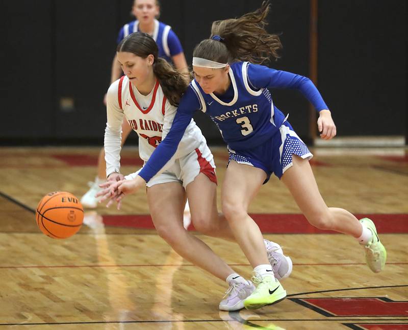 Burlington Central's Julia Scheuer tries to steal the ball from Huntley's Alyssa Borzych during a Fox Valley Conference girls basketball game on Tuesday Jan. 13, 2026, at Huntley High School.