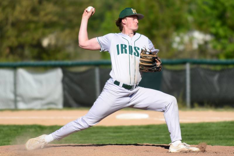 Bishop McNamara's Jacob Lotz throws a pitch during a game at Kankakee Friday, May 9, 2025.