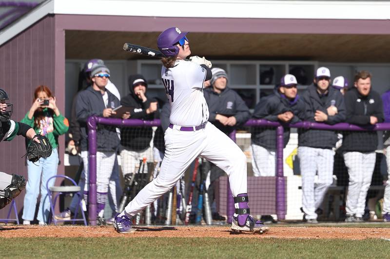 Joliet Junior College’s Preston Vowell drives in a run against Moraine Valley on Tuesday, March 7th, 2023.