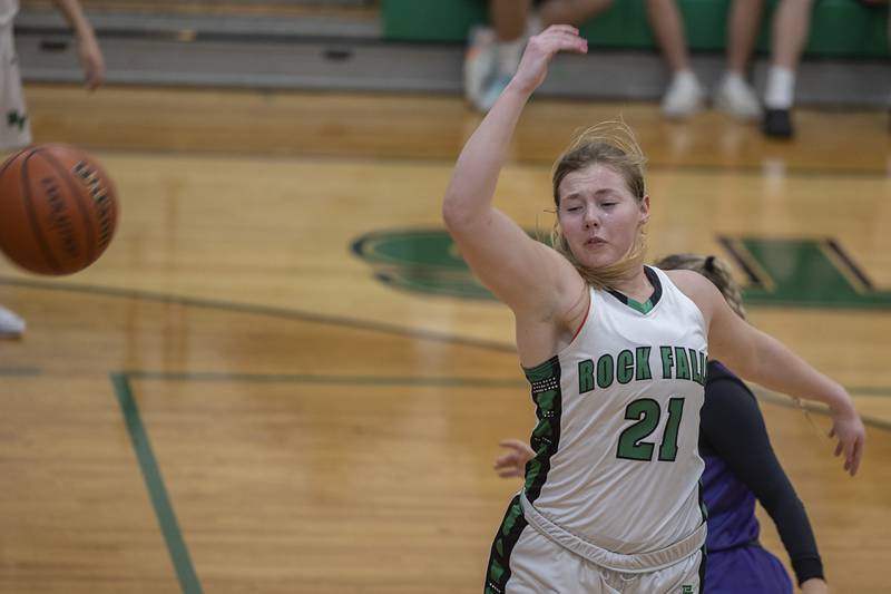 Rock Falls’ Nicolette Udell can’t catch up with a pass against Dixon Wednesday, Jan. 31, 2024 at Rock Falls High School.