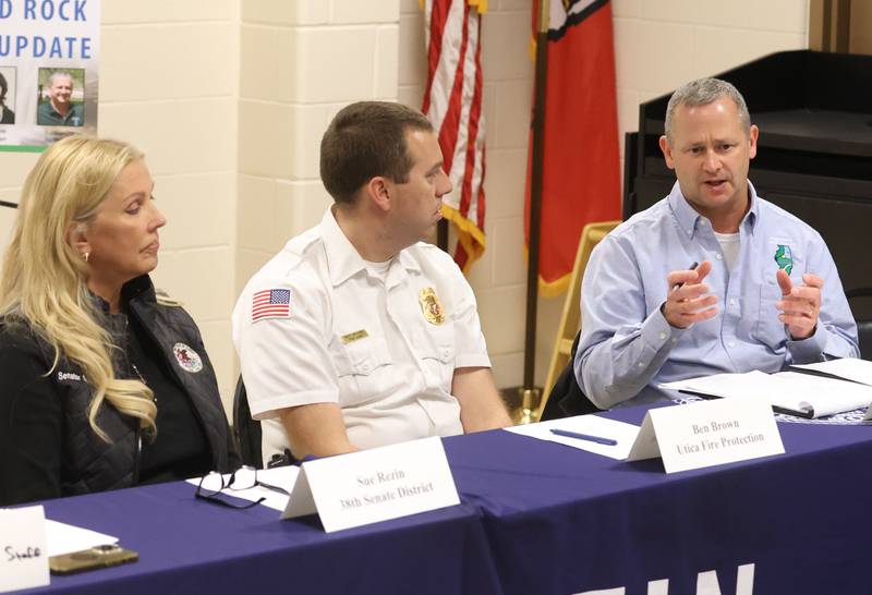 Starved Rock Site superintendent Monty Bernardoni (right) speaks as Illinois State Sen. Sue Rezin R-Morris, and Utica Fire Chief Ben Brown listen during the Starved Rock Safety Update meeting on Monday, May 11, 2026 at the Utica Fire Station. The meeting serves as an opportunity to discuss safety, visitor experience, and general updates related to the park.