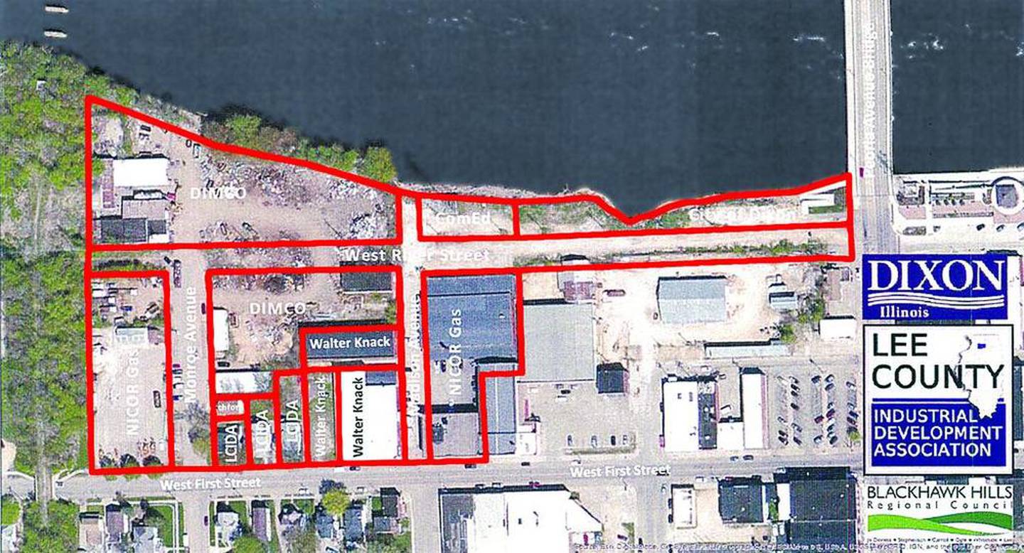 The red borders outline about 10 acres stretching along the Dixon Riverfront from the Peoria Avenue Bridge 
to the viaducts, where the right for the city to buy Dixon Iron & Metal has created the possibility to move 
forward in planning a project called Viaduct Point.