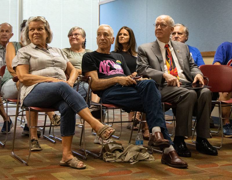 Rep. Bill Foster sits with the audience before being introduced during the Town Hall with Congressman Bill Foster at the Crystal Lake Public Library on Sunday, July 30, 2023.