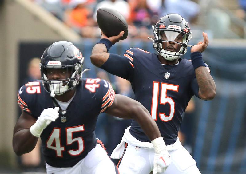 Chicago Bears quarterback PJ Walker throws a pass during their game against the Buffalo Bills Saturday, Aug. 26, 2023, at Soldier Field in Chicago.