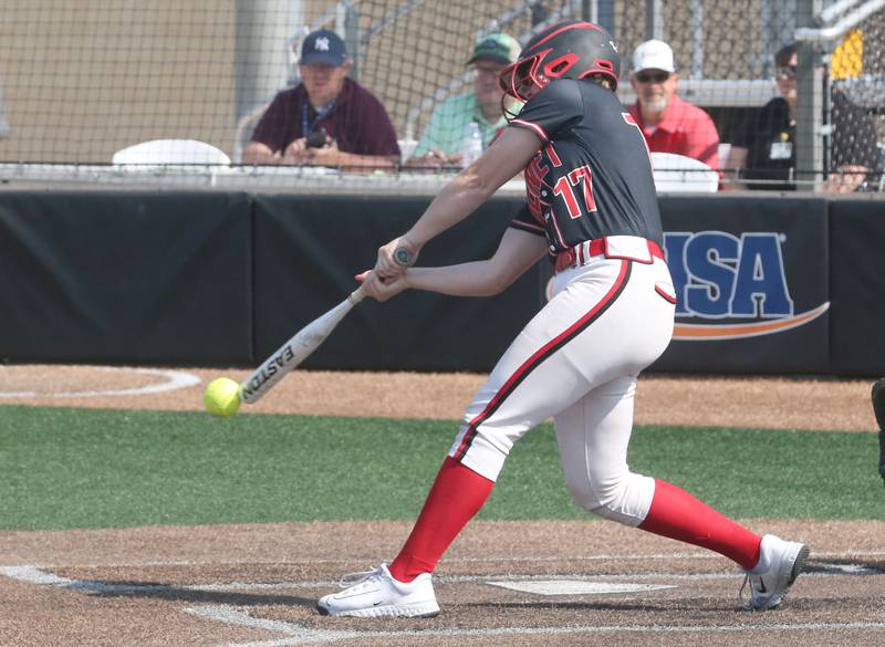 Benet Academy's Bridget Chapman hits a double against Charleston during the Class 3A State third place game on Saturday, June 10, 2023 at the Louisville Slugger Sports Complex in Peoria.