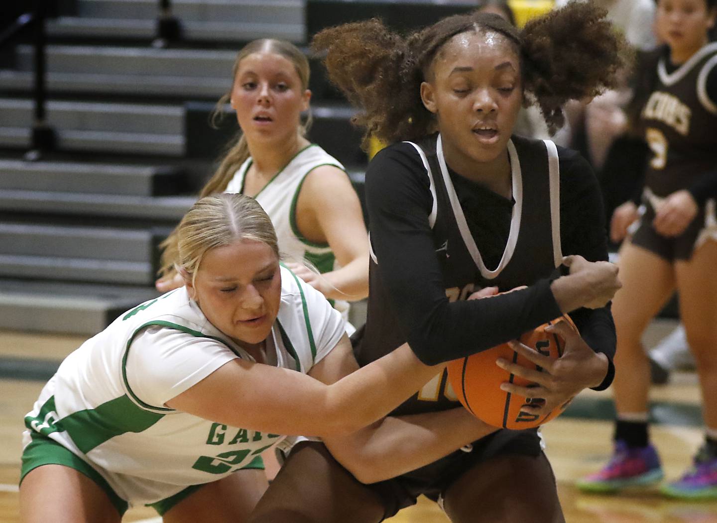 Crystal Lake South's Laken Lepage battles with Jacobs' Zara Lewis for the ball during a Fox Valley Conference basketball game on Friday, Jan. 17, 2025, at Crystal Lake South High School.