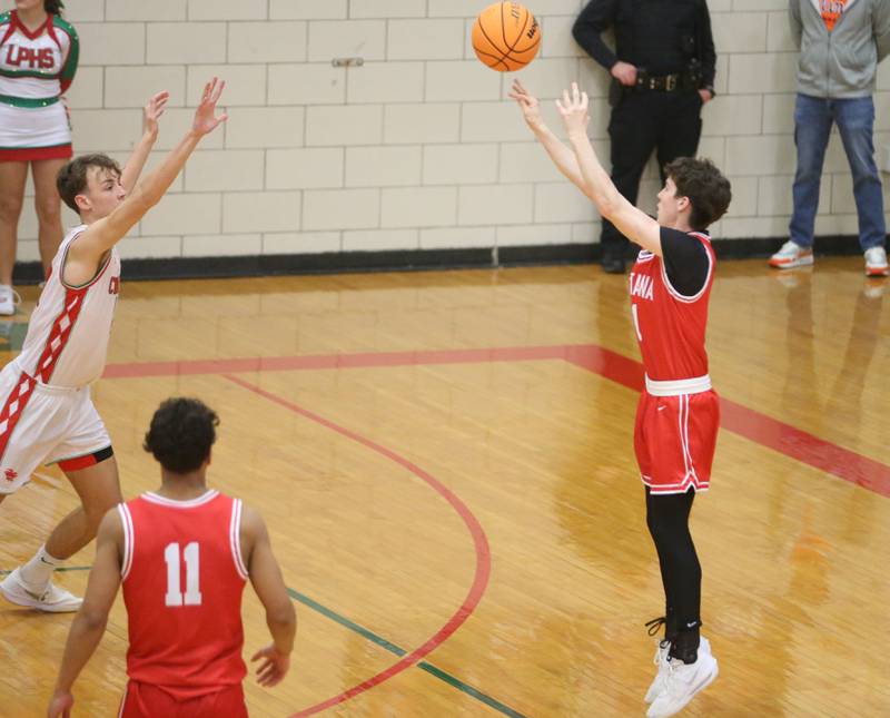 Ottawa's Colt Bryson lets go of a three-point shot against L-P during the Class 3A Regional title game on Wednesday, Feb. 25, 2026 in Sellett Gymnasium at L-P High School.