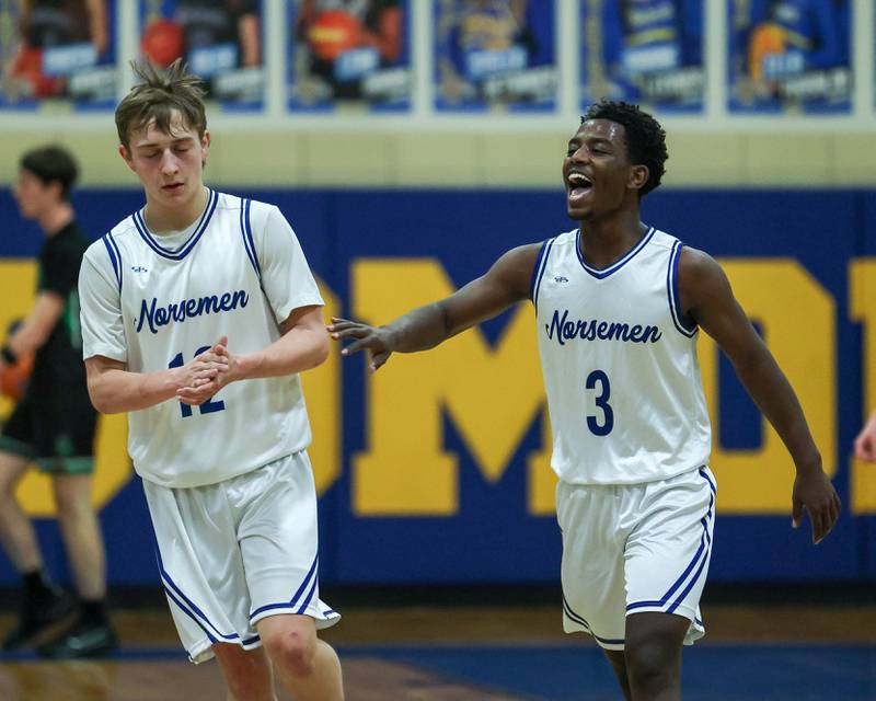 Reggie Chapman (3) of Newark reacts in celebration with teammate Tuckyr Vana (12) after scoring during the quarterfinals of the Little Ten Conference Tournament on Monday, Feb. 2, 2026 at Somonauk High School in Somonauk.