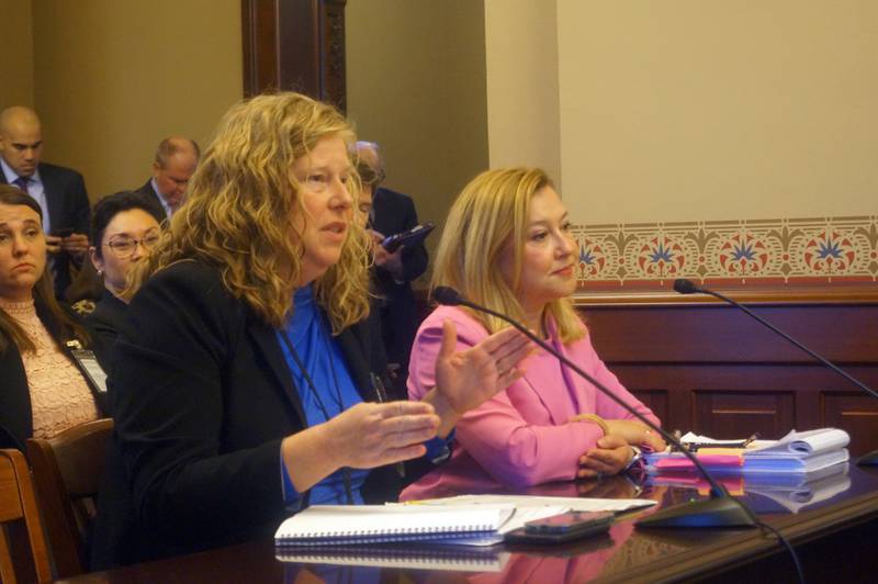 Emily Miller, left, an advisor in Gov. JB Pritzker’s office, and Rep. Anna Moeller testify before the House Human Services Committee in favor of Pritzker’s proposals for sweeping changes in the Illinois health insurance industry.