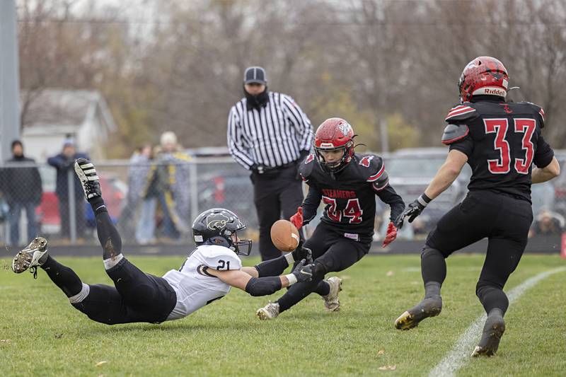 Le/Win’s Jake Zeal fumbles a punt but is able to recover Saturday, Nov. 12, 2022 in a quarterfinal game against Fulton.
