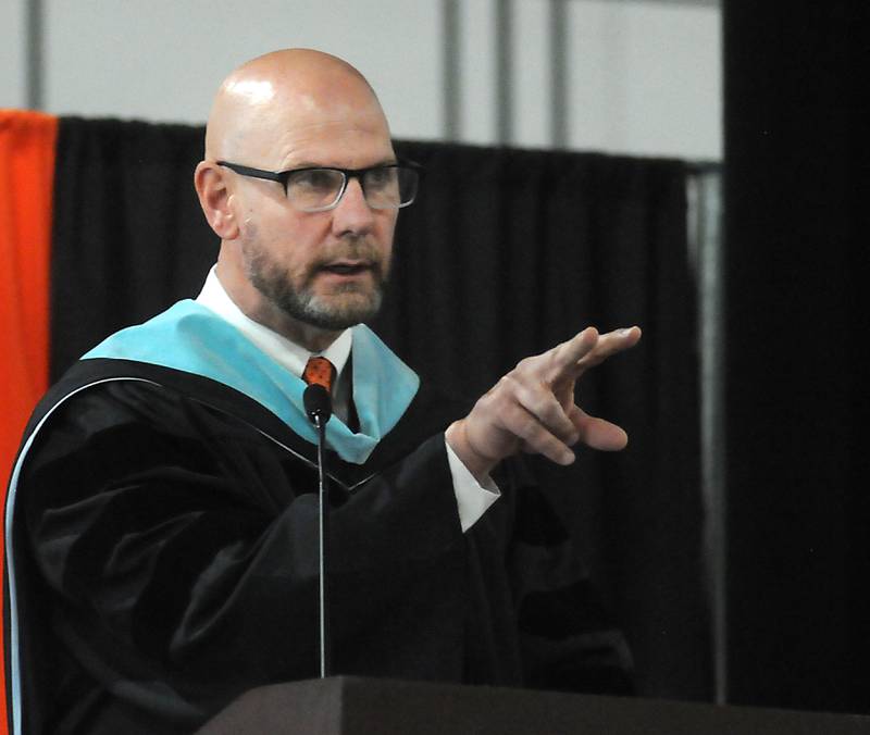 Crystal Lake Central High School Principal Eric Ernd speaks to the crowd Saturday, May 14, 2022, during the school's graduation ceremony.