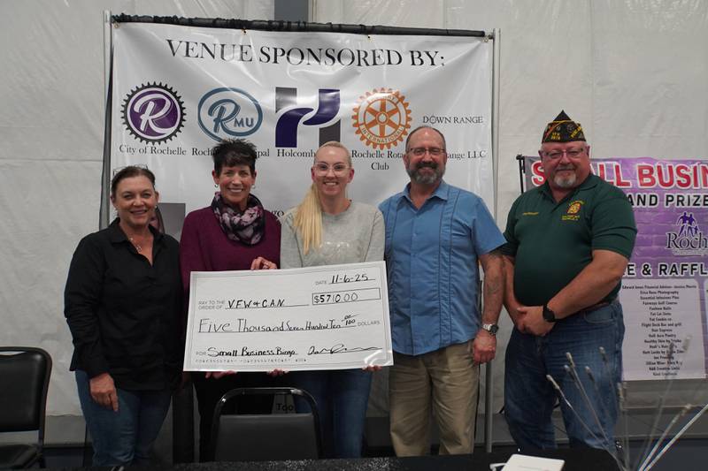 From left to right: Michelle Pease and Laurie Pillen of the Community Action Network, Small Business Bingo Founder Ashley Patrick, and Dennis Orlikowski and Joe Drought of Rochelle VFW Post 3878.