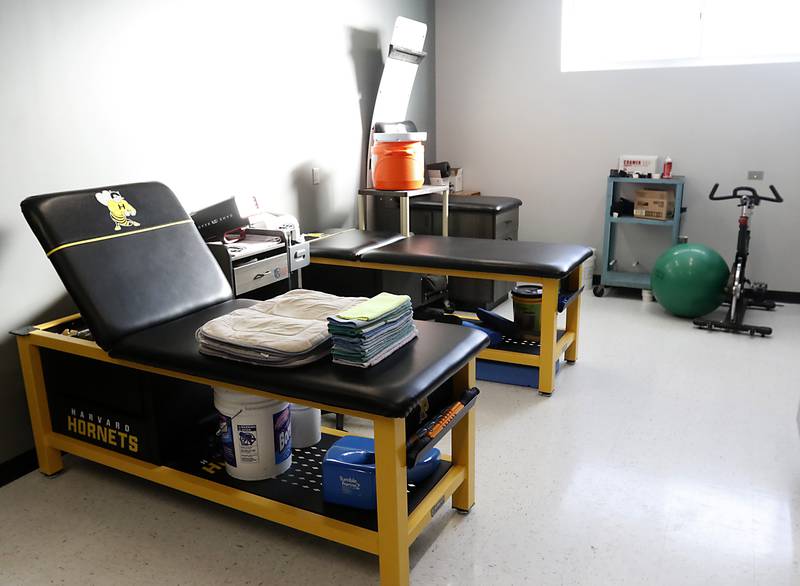 The new training room on Tuesday, Jan. 26, 2022, at Harvard High School. The room is part of a $5.5 million renovation that added new locker rooms, a training room, wrestling room, and a weight and fitness area, along with repurposing the old locker rooms into staff, lounge and work rooms.