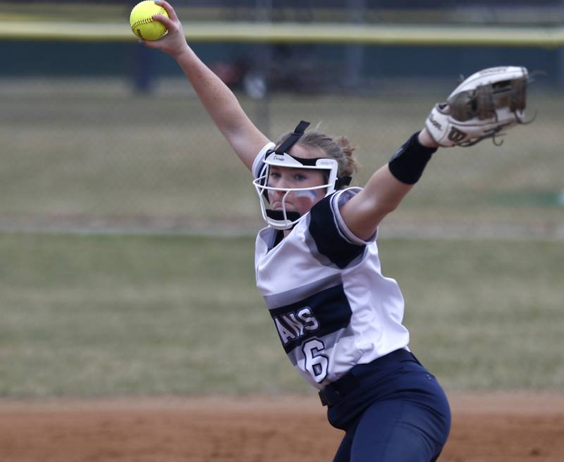 Cary-Grove’s Becca Weaver throws a pitch during a Fox Valley Conference softball game Monday, April 4, 2022, between Cary-Grove and Dundee-Crown at Cary-Grove High School.