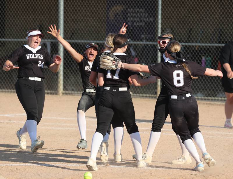 Prairie Ridge players celebrate Friday, June 6, 2025, after their Class 3A sectional final win over Crystal Lake Central at Sycamore High School.