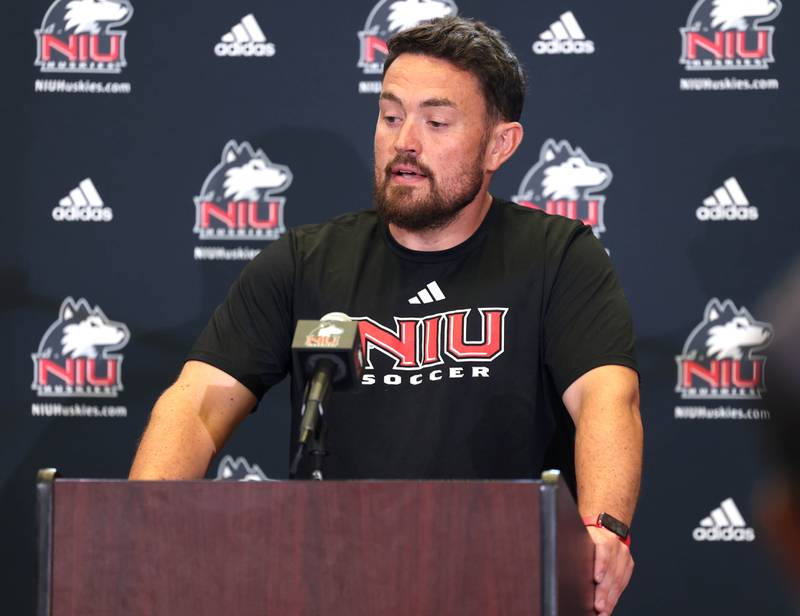 Michael O’Neill, women’s soccer head coach at Northern Illinois University, speaks Wednesday, Aug. 13, 2025, during the NIU fall sports media day in the Yordon Center at NIU in DeKalb.