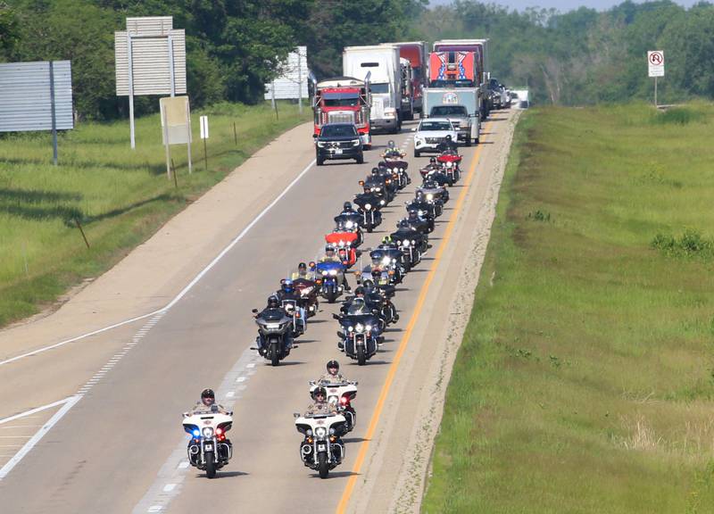 Around 30 motorcyclists passed through Princeton on Interstate 80 with the National Veterans Awareness Ride on Tuesday, May 21, 2024. The NVAR is a 13-day ride across America from Sacramento CA. to Washington D.C. A group of local Veterans and Flags of Freedom members were on hand to greet the Veteran motorcycle riders as they passed Princeton on their cross country journey of remembrance of fallen soldiers.The group also stopped at the Middle East Conflicts Wall Memorial in Marseilles before heading east.