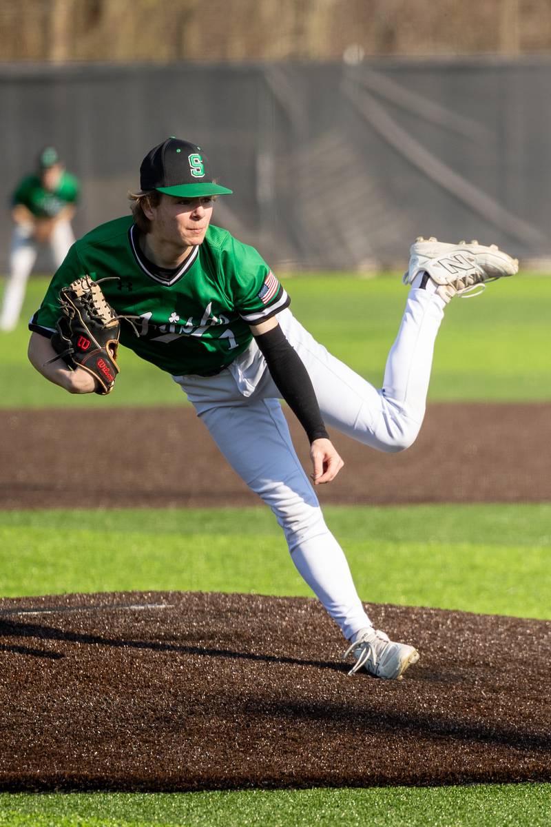 Brant Roe (7) of Seneca pitches on Friday, April 11, 2025 at Seneca High School in Seneca.