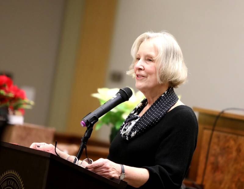 Kane County Board Chairman Corinne Pierog speaks during a swearing in ceremony for newly and re-elected board members at the Kane County Circuit Court in St. Charles on Monday, Dec. 5, 2022.