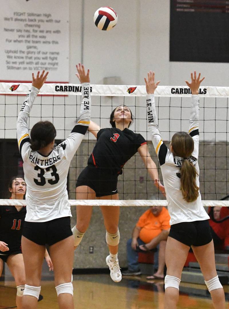 Fulton's Kerby Germann (3) spikes the ball against Lena-Winslow in the championship game of the  Stillman Valley Tournament on Saturday, Oct. 25, 2025 at Stillman Valley High School.