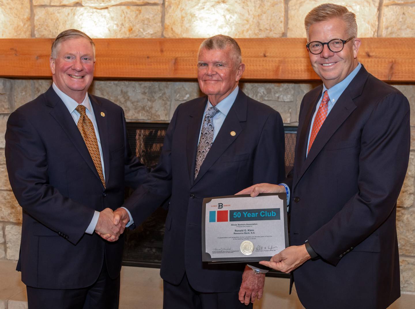 (Left to right); Iroquis Federal senior executive vice president and chief lending officer Thomas Chamberlain, Ron Klein, and Illinois Bankers Association president Randy Hultgren