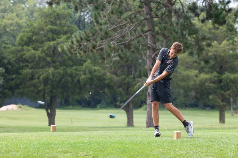 Bradley-Bourbonnais' Landan Haggard tees off during the Bill Breeden All-Area Classic at the Kankakee Elks on Monday, Aug. 18, 2025.