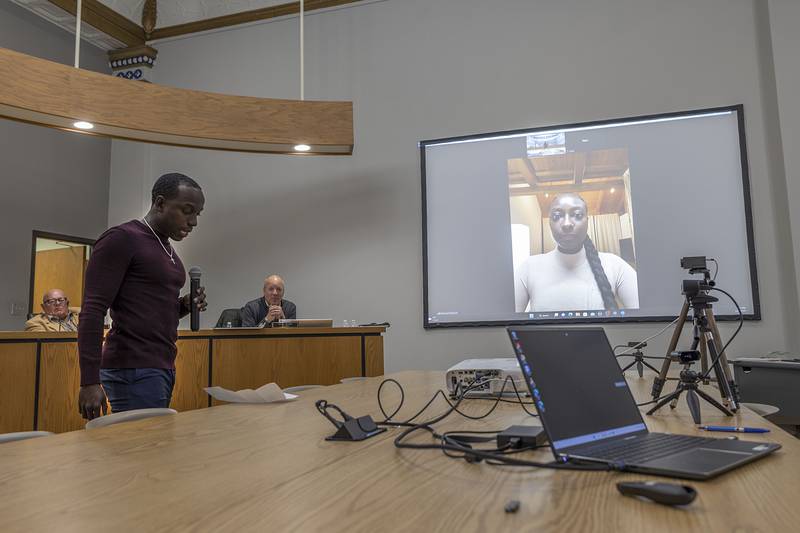 James Robinson speaks about his sister Diamond Tuesday, Feb. 21, 2023 at the Dixon city council meeting. Diamond Robinson is the 2023 recipient of the Ike Mercer Certificate of Achievement. The award is presented to a person of color who has represented Dixon and their community extraordinary. Currently serving in the Navy, Diamond is a coach, mentor and leader in the mental health community in the Navy.