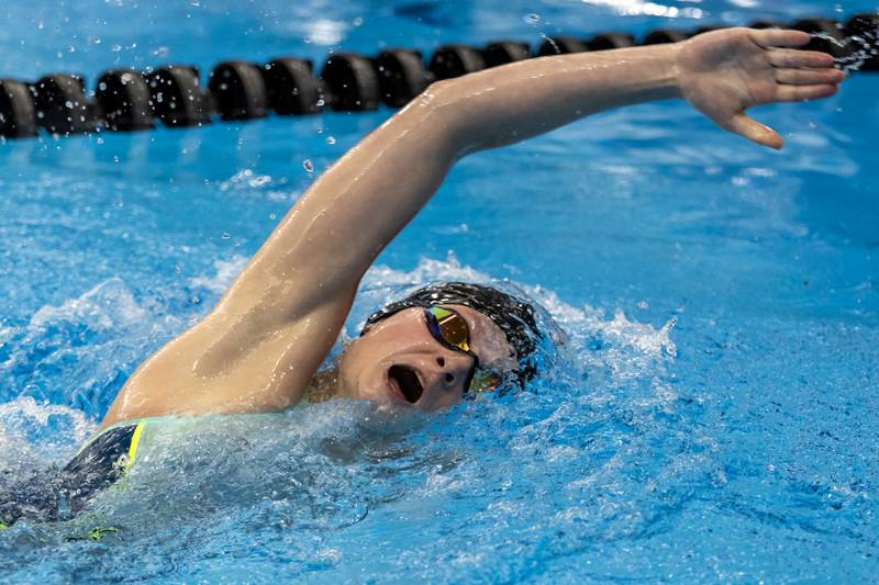Lincoln-Way East’s Isabella Stanek competes in the 200 Yard Freestyle during the IHSA Girls State Swimming Preliminaries at FMC Natatorium in Westmont on Nov. 14, 2025.