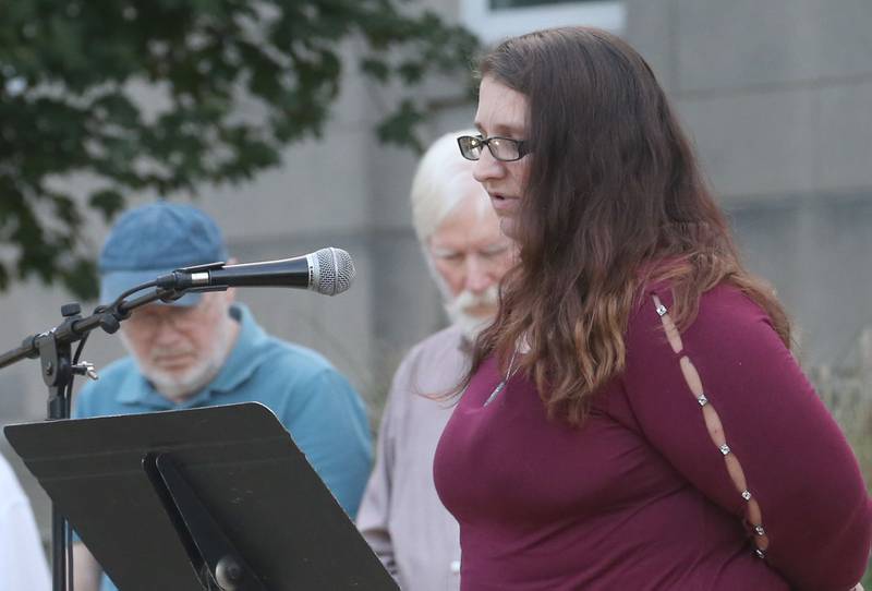 Ella Bence of Princeton, speaks during a vigil for Charlie Kirk on the front steps of the Bureau County Courthouse on Monday, Sept. 15, 2025 in Princeton. Bence was born in Arlington Heights and was a classmate with Charlie Kirk.