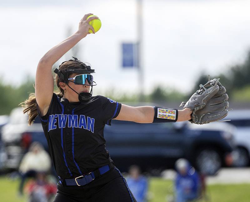 Newman’s Gianna Vance fires a pitch against Fulton Tuesday, May 19, 2026, at the Class 1A softball regionals at Newman.