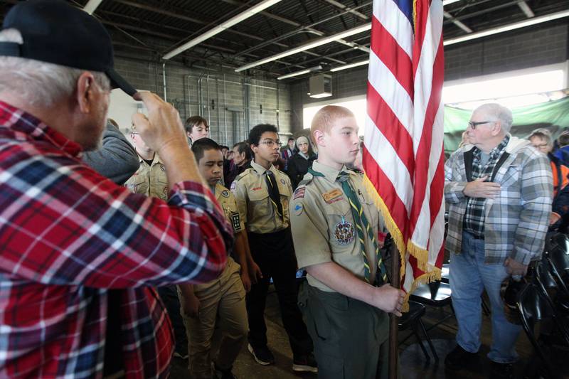Anthony Carp, 14, of Lindenhurst with Boy Scout Troop 188, carries the American flag for the Presentation of Colors during the Lindenhurst Veterans Day Ceremony at the Public Works garage behind the Village Hall on November 11th in Lindenhurst.
Photo by Candace H. Johnson for Shaw Local News Network