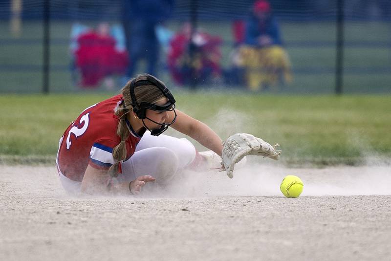 Morrison’s Peyton Lowery knocks down a ball against Fulton Friday, May 22, 2026, at the Class 1A softball regional at Newman High School.