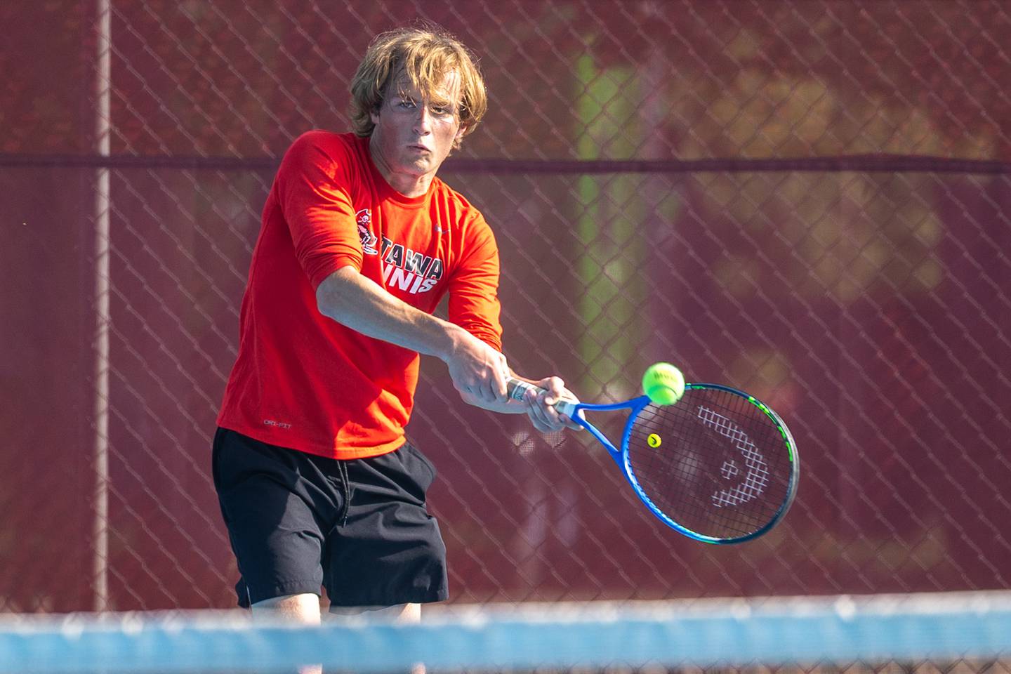 Ottawa's Landon Sawin hits a return Monday, May 5, 2025, in Streator.