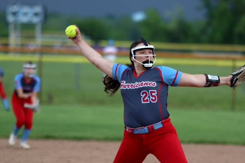Marian Central’s Christine Chmiel makes an offering as the Hurricanes faced Winnebago to begin an IHSA Class 2A Regional game at Raymond Benoy Field in Woodstock Monday.