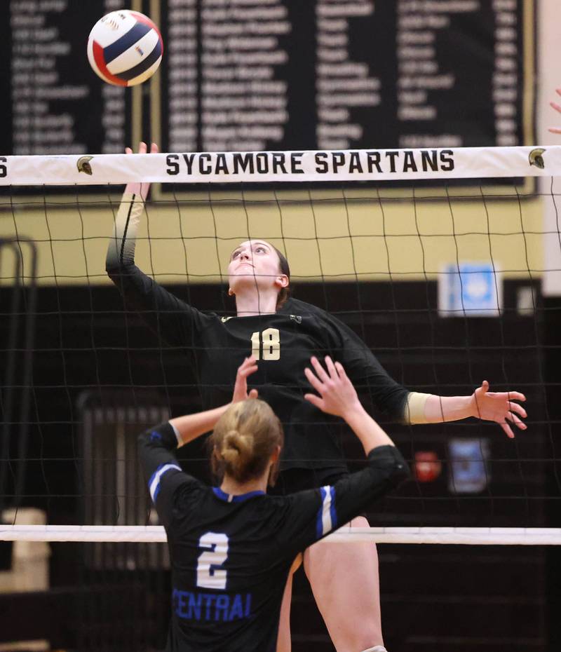 Sycamore's Sophia Martinez tips the ball back to Burlington Central Tuesday, Oct. 29, 2024, during their Class 3A regional match at Sycamore High School.