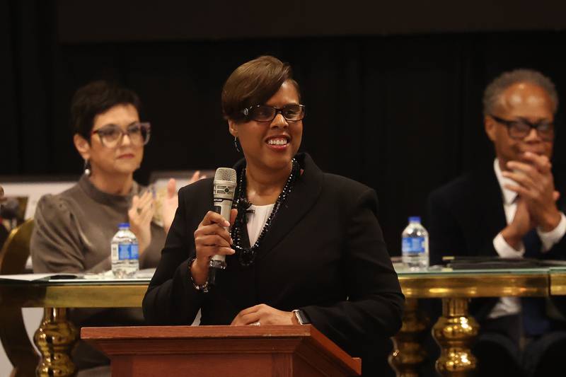 Dr. Yolanda Farmer, Joliet Junior College Executive Vice President, introduces the moderator at the MLK Brunch & Celebration 2025 on Saturday, Jan 18, 2025 in Joliet.