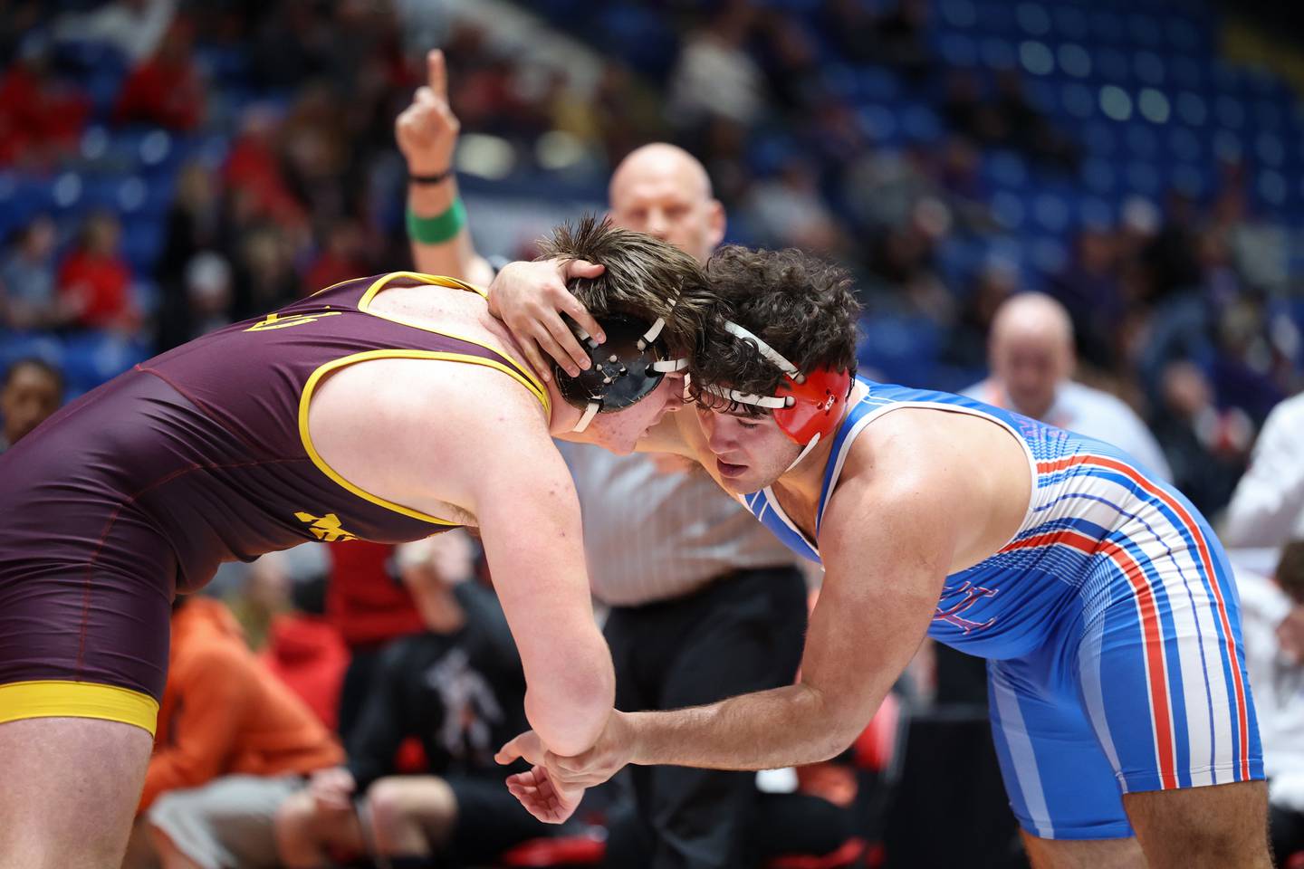 Marmion Academy's Joseph Favia, right, wrestles Montini's Gavin Ericson in the 285-pound match during Marmion Academy's victory over Montini in the IHSA Class 3A Dual Team State championship on Saturday, Feb. 28, 2026.