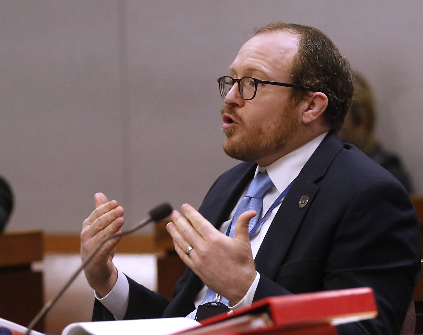 McHenry County State's Attorney Patrick Kenneally makes an argument Friday, Jan 28, 2022, during a motion hearing before Judge Mark Gerhardt at the McHenry County Courthouse. Michael M. Penkava and Collin B. Scott, both elders in a Crystal Lake Jehovah's Witness congregation, are charged with misdemeanors for failing to report the sexual abuse of a child. Judge Mark Gerhardt listened to a motion on whether a congregant in the church can testify about what she told the two elders or whether that's covered by clergy-penitent privilege and inadmissible.