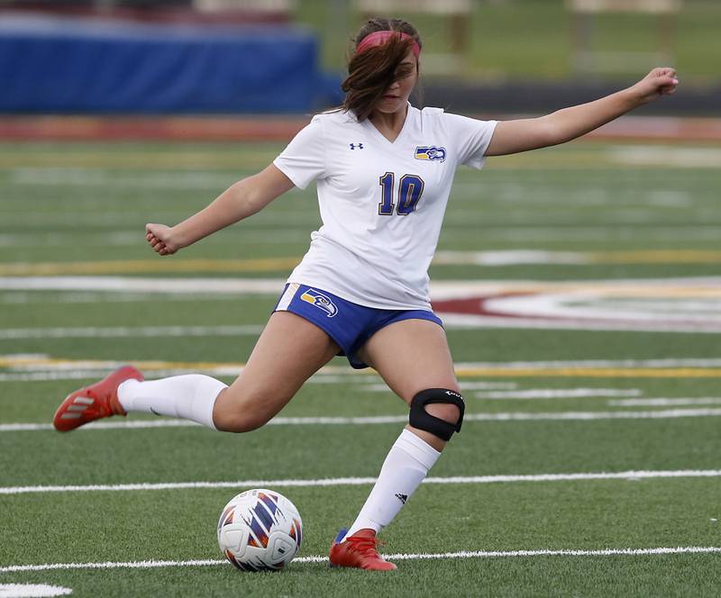 Johnsburg's London Baidinger tacks a shot at goal during a IHSA Division 1 Richmond-Burton Sectional semifinal soccer match against Willows Tuesday, May 16, 2023, at Richmond-Burton High School.