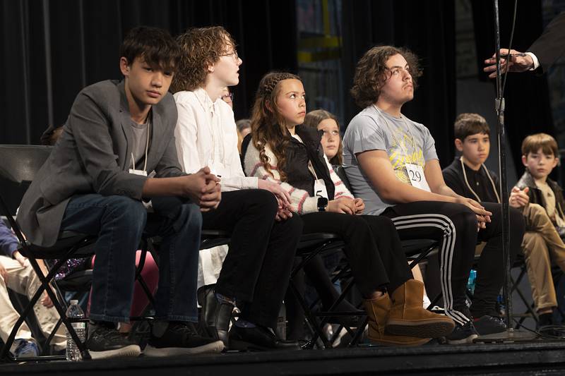 Jackson Melton (left) of PLT Middle School, Jake Andrzejewski of East Coloma-Nelson, Natalie Isley of Tilton Elementary and Jake Bailey of Unity Christian are the last four standing Thursday, Feb. 21, 2024 at the Lee-Ogle-Whiteside regional spelling bee.